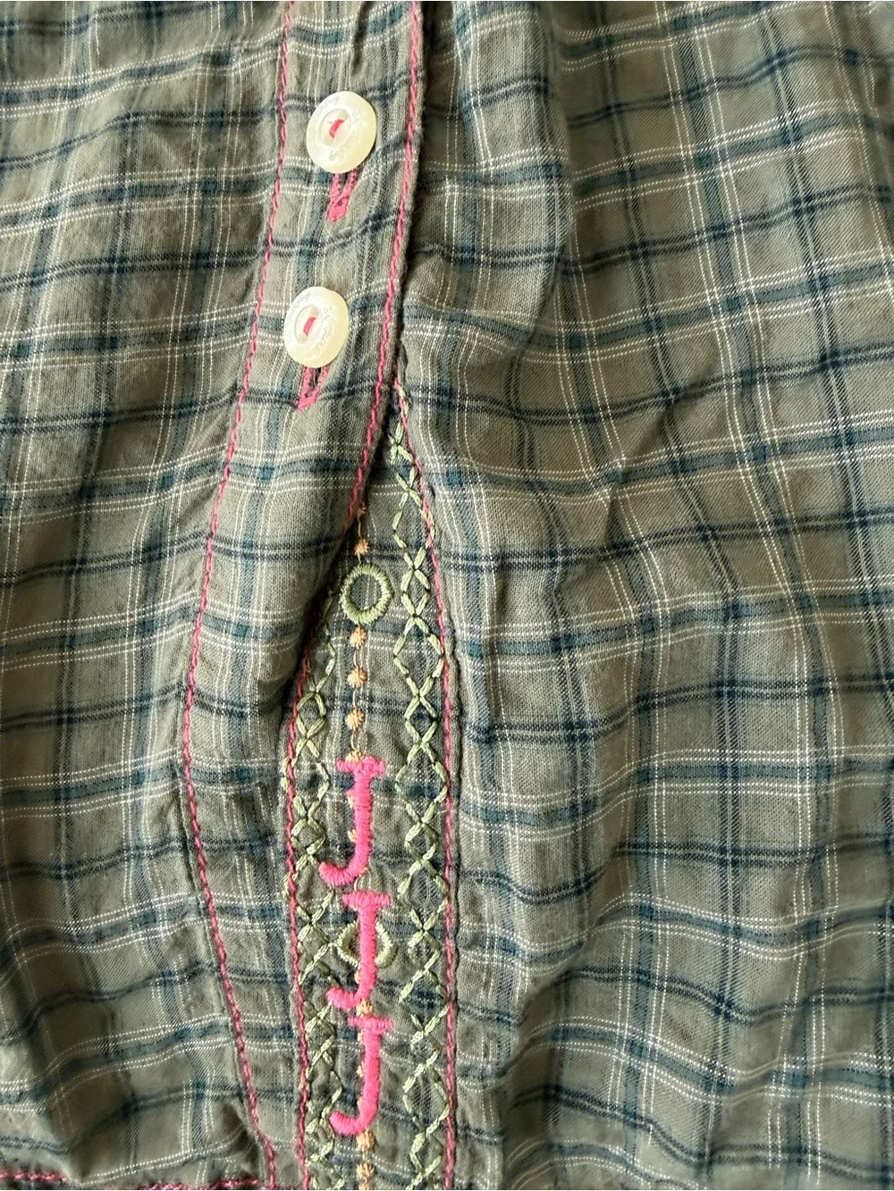Johnny Was 3 J Olive Plaid Dress with Embroidery Size Small E04 - Picture 5 of 11